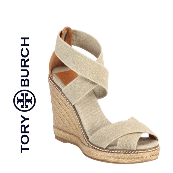 Tory Burch Shoes - TORY BURCH Adonis Wedge Espadrille Platform Sandal Khaki/Gold